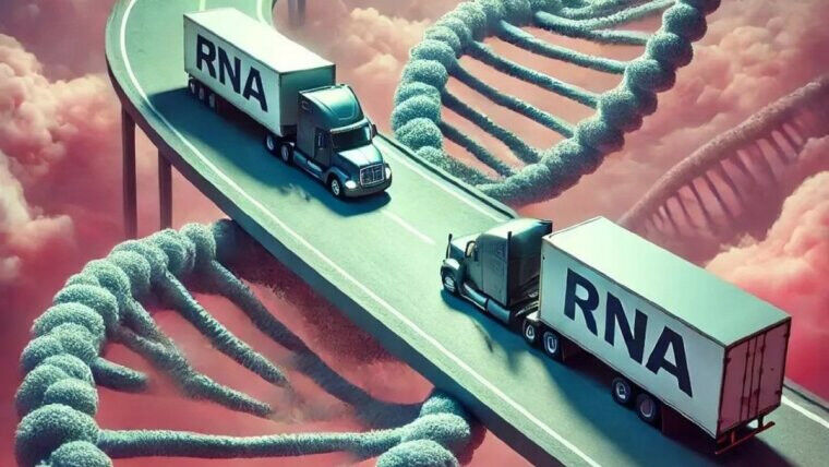 Dois caminhões rotulados como RNA dirigem-se um em direção ao outro no universo do DNA. Ilustração