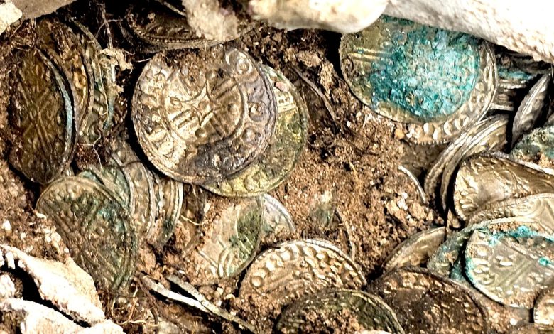 Foto aproximada de moedas de prata cunhadas entre 1036 e 1044 na Inglaterra. Algumas das moedas são verde-azuladas devido à tonalidade ao longo do tempo.