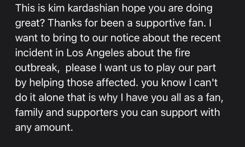 Kim Kardashian compartilha capturas de tela de golpes de doação em incêndios florestais