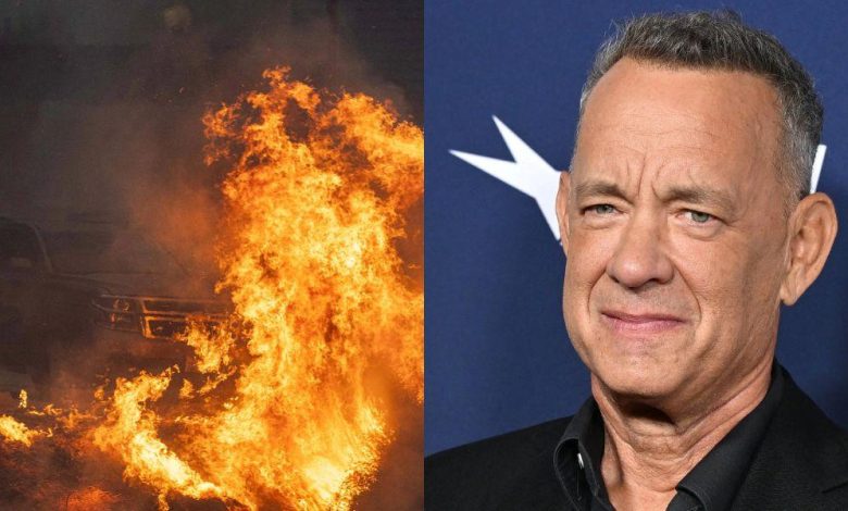 Incêndio florestal em Pacific Palisades e colagem de Tom Hanks