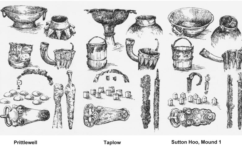 Um desenho em preto e branco de artefatos encontrados nas primeiras sepulturas inglesas