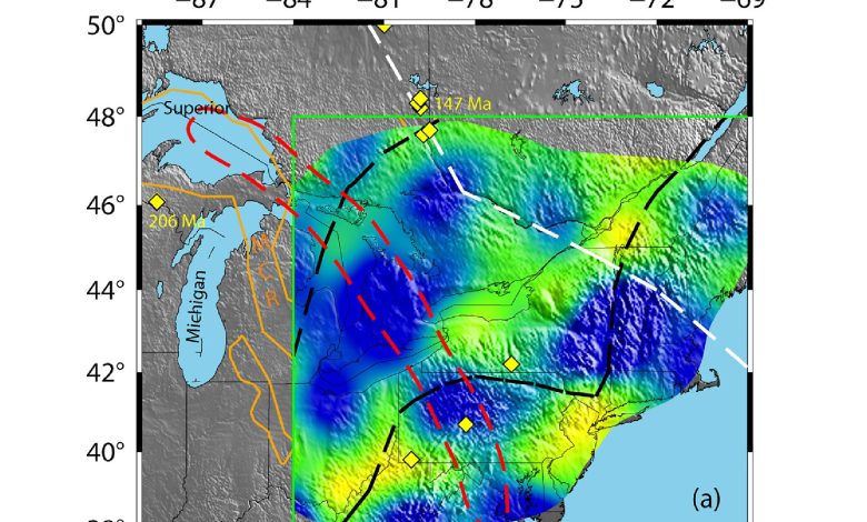 Um diagrama que mostra o movimento do hotspot ao longo do tempo sobreposto a um mapa da América do Norte.