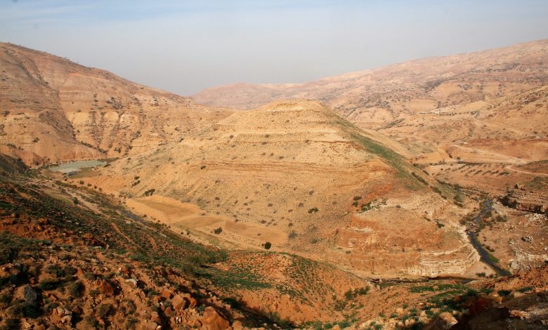 uma vista aérea de uma paisagem montanhosa do deserto com alguma vegetação