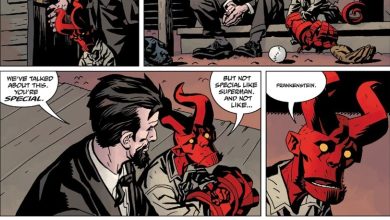 Hellboy Storm and the Fury Professor Broom e o jovem Hellboy conversando