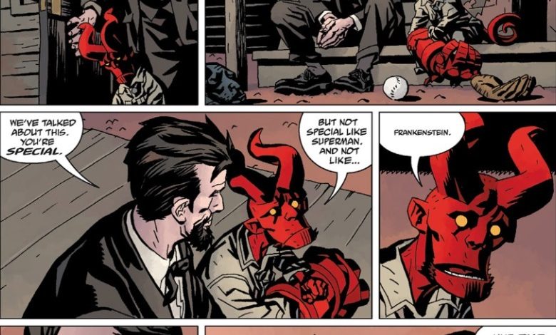 Hellboy Storm and the Fury Professor Broom e o jovem Hellboy conversando