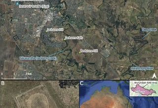 Um mapa mostrando a localização e imagens aéreas dos anéis terrestres em Victoria