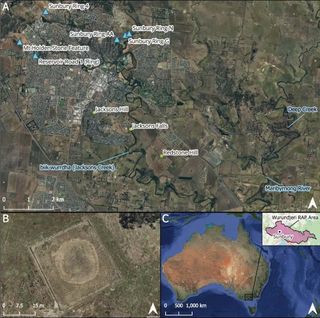 Um mapa mostrando a localização e imagens aéreas dos anéis terrestres em Victoria