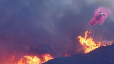 Uma aeronave de combate a incêndios lança retardador de fogo rosa Phos-Chek em Pacific Palisades em 7 de janeiro